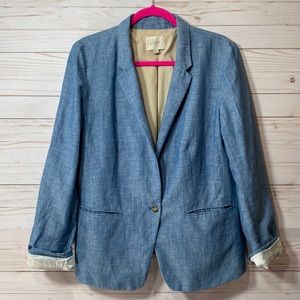 Loft Chambray Linen Blend Blue Single Button Casual Blazer Jacket